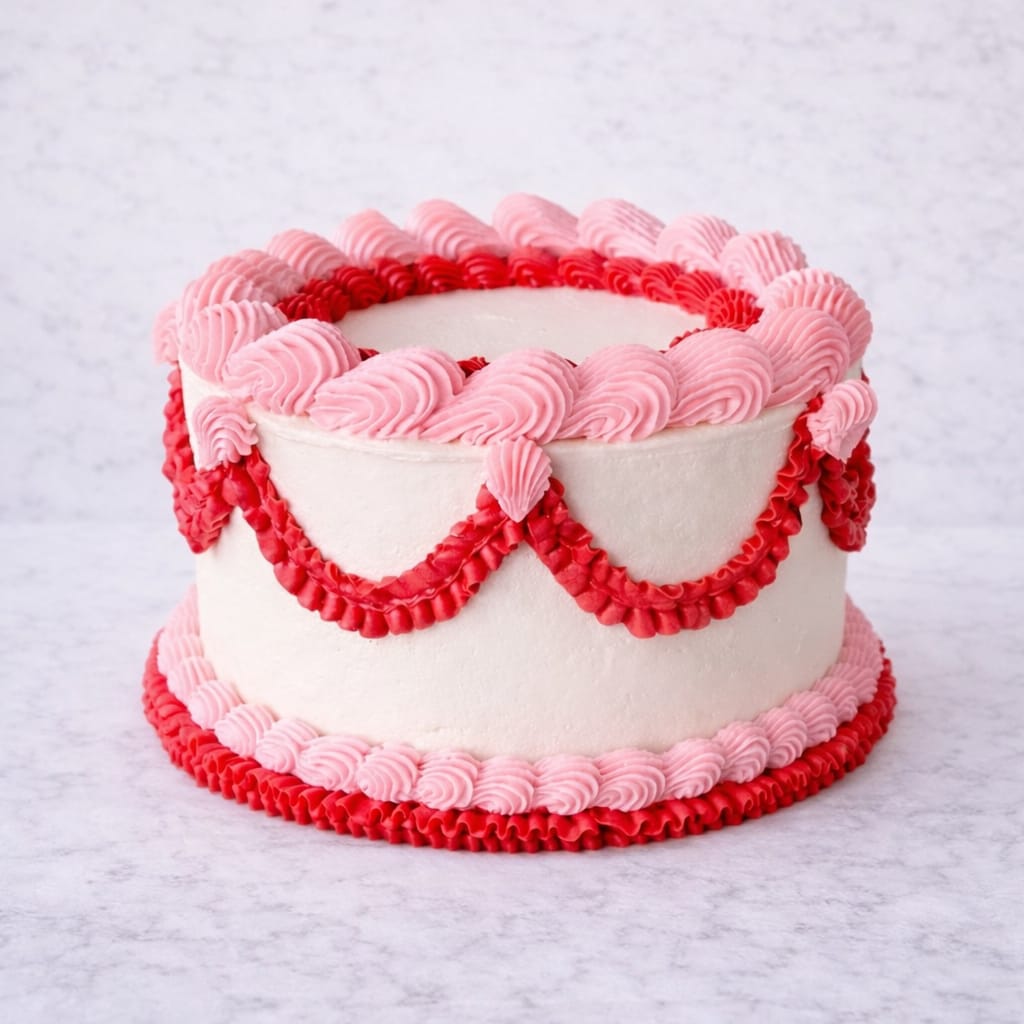 romantic baroque cake with pink and red piping