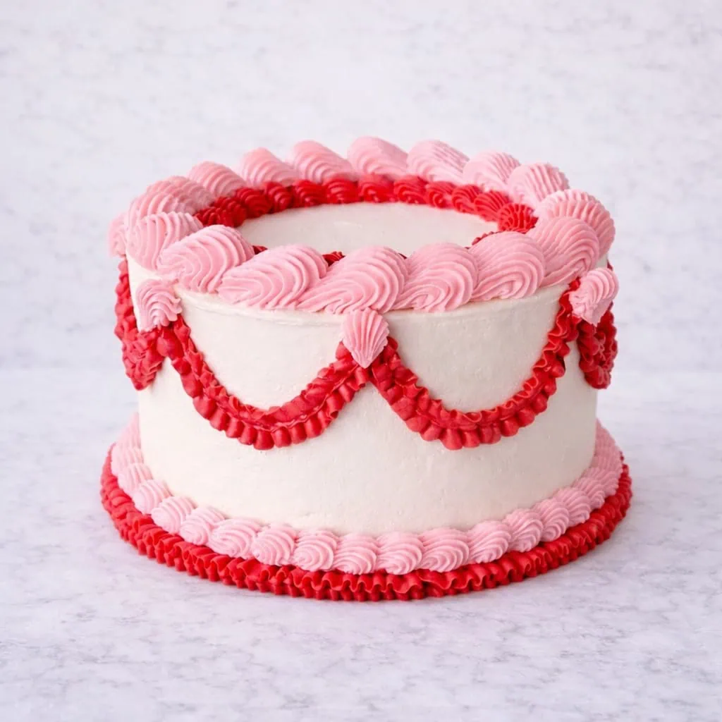 romantic baroque cake with pink and red piping