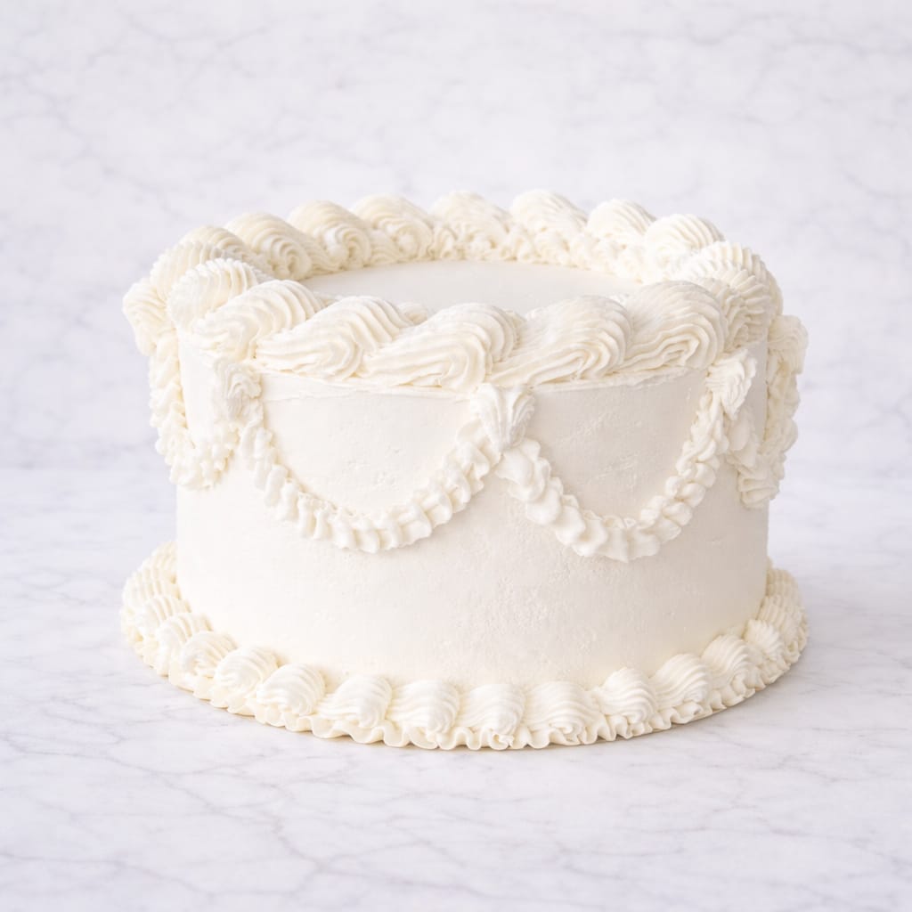 romantic baroque wedding cake with white buttercream piping
