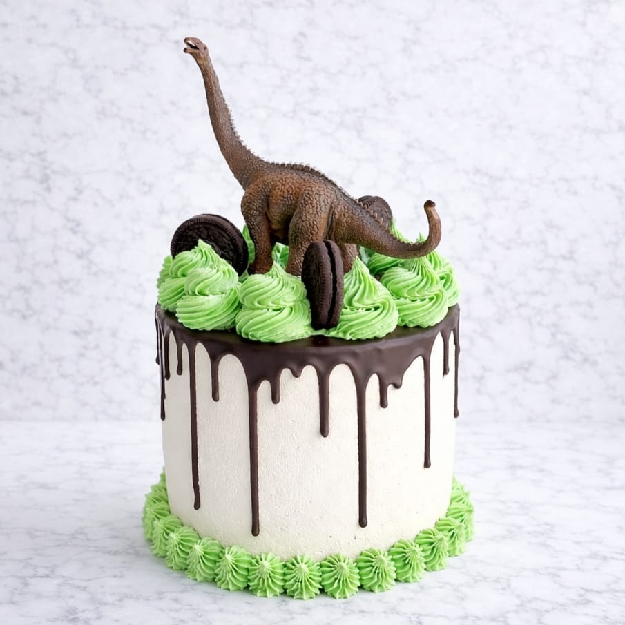 Dinosaur Party Cake with chocolate drip, green buttercream, Oreos, and realistic dinosaur model topper
