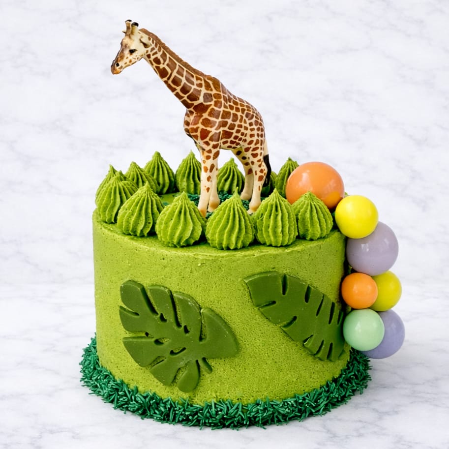 Jungle Party Cake with Green Buttercream and Animal Toppers - one tier