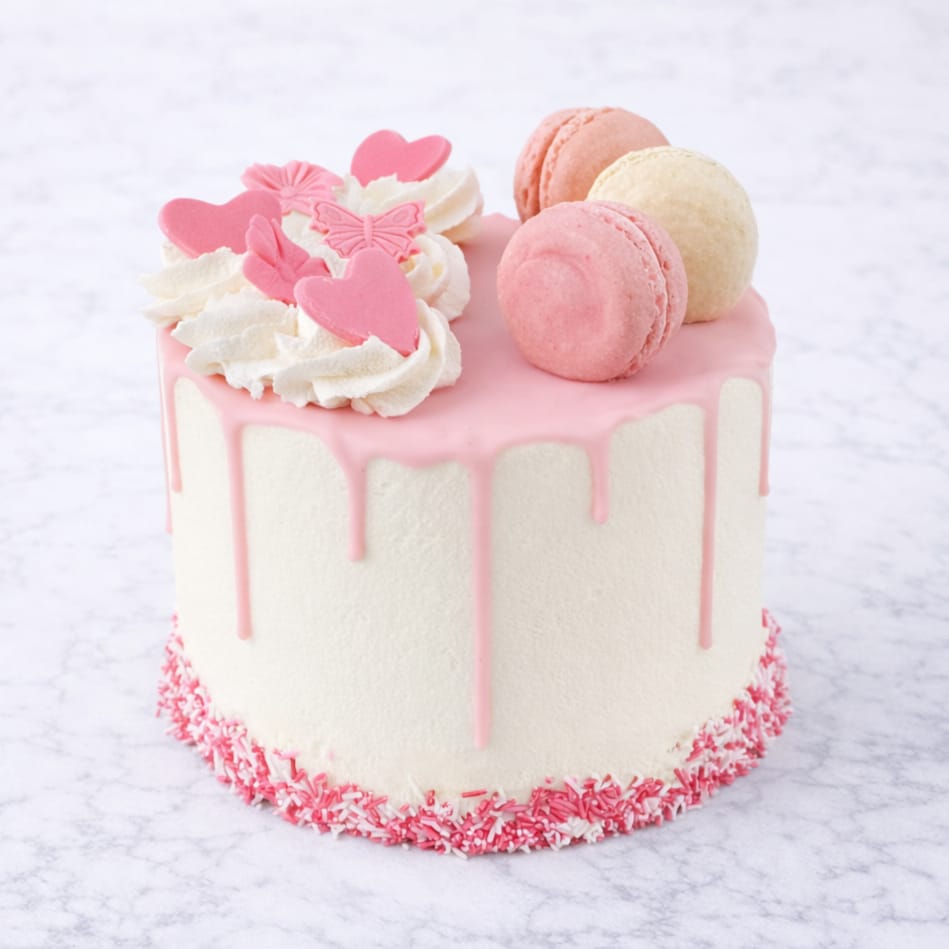 Macaron drip cake with pink chocolate and macaron toppings.