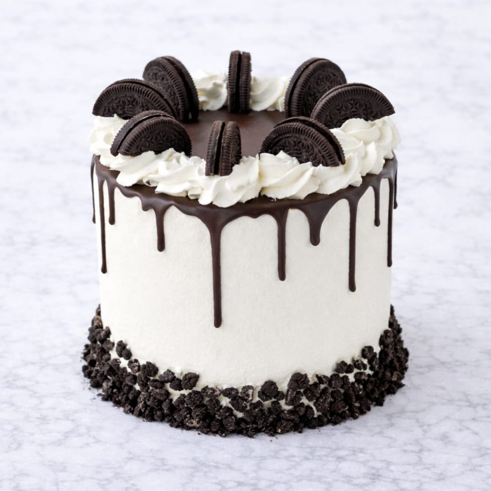 Oreo drip cake with chocolate drip and mini Oreo decorations