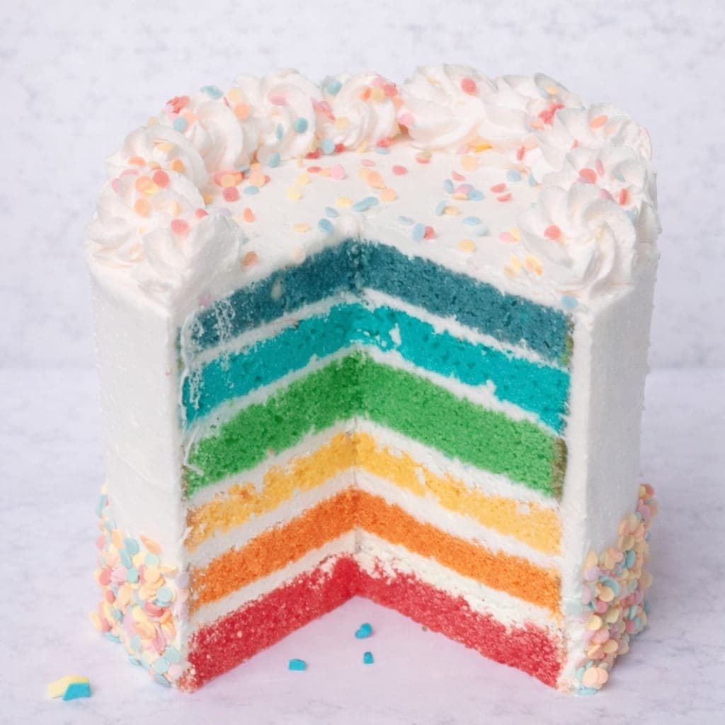 Rainbow Vanilla Celebration Cake with vibrant layers and vanilla buttercream.