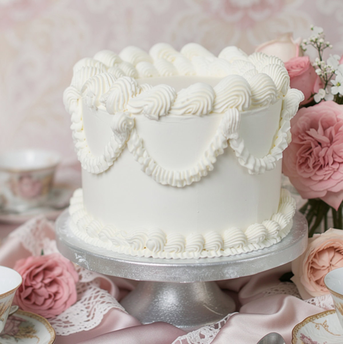 romantic baroque wedding cake with white buttercream piping