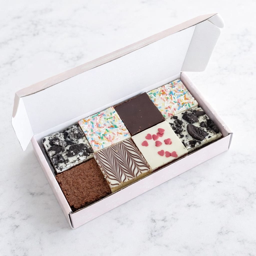 Deluxe Assorted 8 Brownies Gift Box in a pink letterbox-friendly package