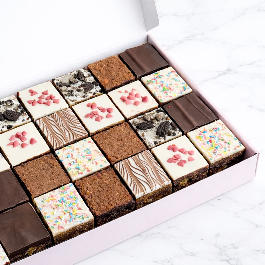 Deluxe Assorted 24 Brownies gift box with 24 brownie bites in a pink gift box