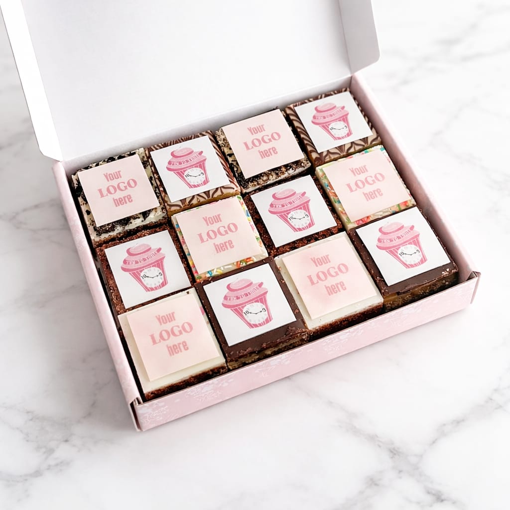 Box of corporate logo brownies and blondies in flavors like Belgian Chocolate and Nutella, branded with company logos