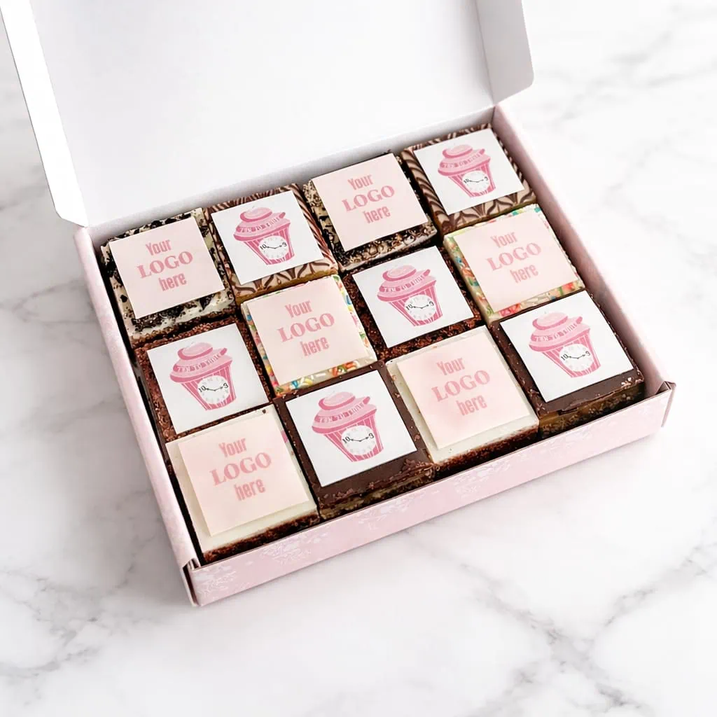 Box of corporate logo brownies and blondies in flavors like Belgian Chocolate and Nutella, branded with company logos