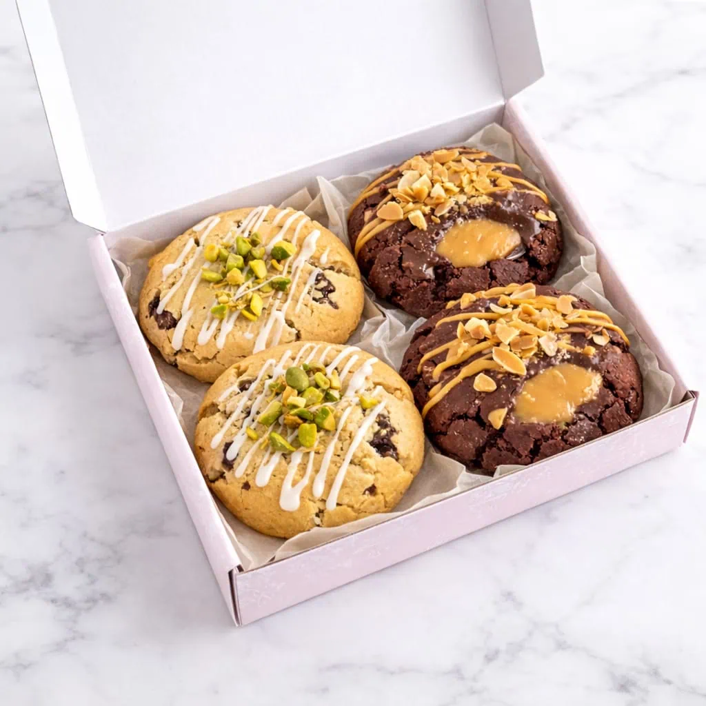 uxury Letterbox Cookies – Dubai Chocolate Pistachio & Chocolate Peanut Salted Caramel