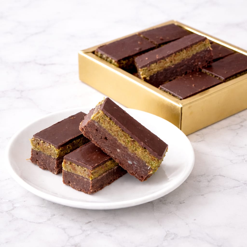Box of six Dubai chocolate brownie bars with pistachio cream and chocolate topping