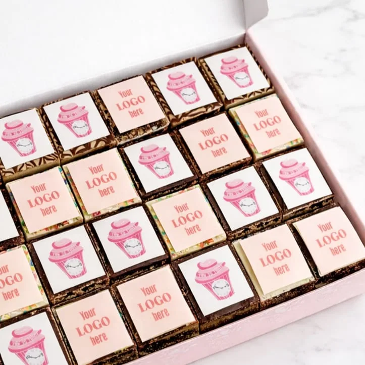 Party size box of assorted brownies with logos