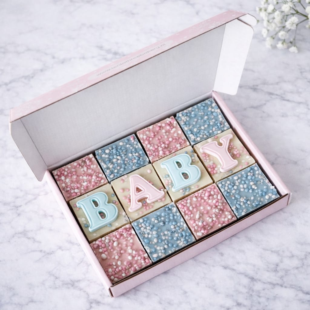 Baby Shower Letterbox Brownies Box with 12 decorated brownie bites in baby blue, pink, or mixed assortment