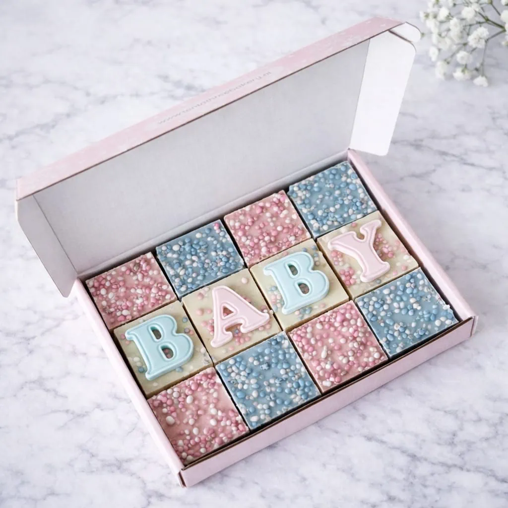 Baby Shower Letterbox Brownies Box with 12 decorated brownie bites in baby blue, pink, or mixed assortment