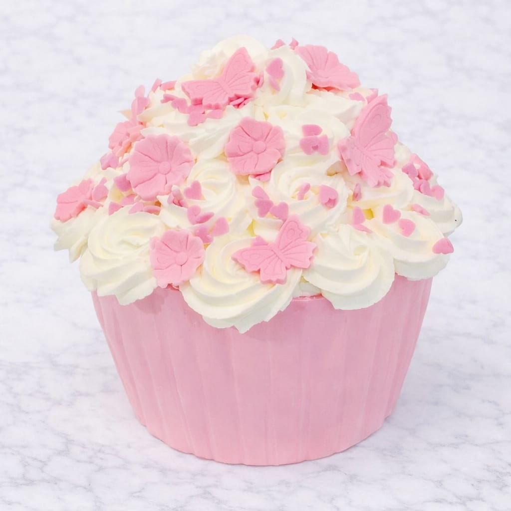 Customizable giant cupcake with options of Red Velvet or Vanilla and Strawberry flavors, decorated with choice of fondant color and sugar decorations like flowers and butterflies.