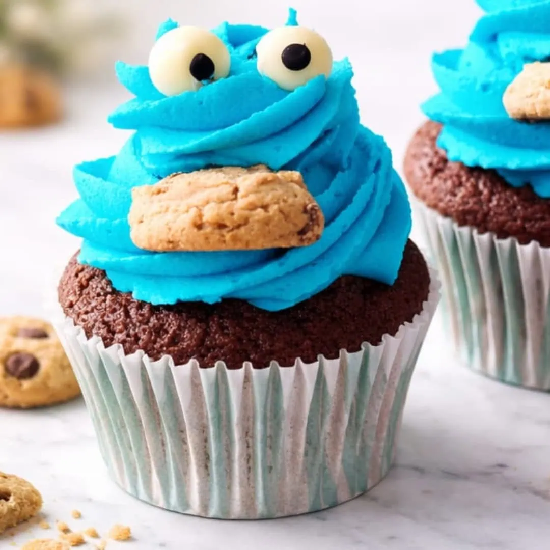 Chocolate Cookie Monster cupcake with blue vanilla buttercream and mini cookie