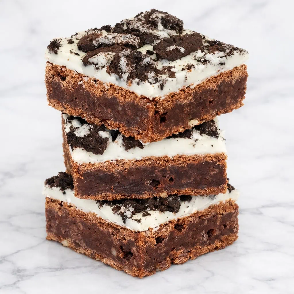 Fudgy Oreo brownie with cookie pieces.