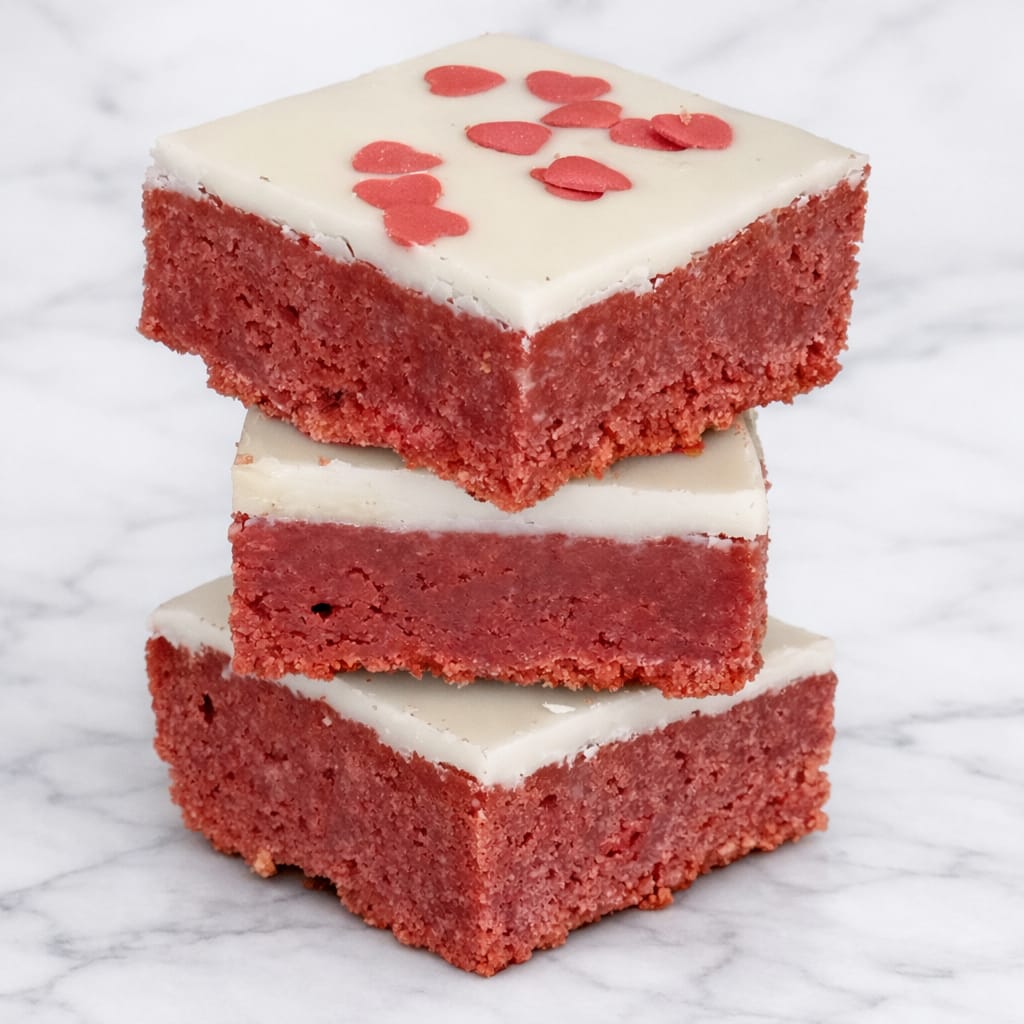 Creamy red velvet brownie with white chocolate topping.
