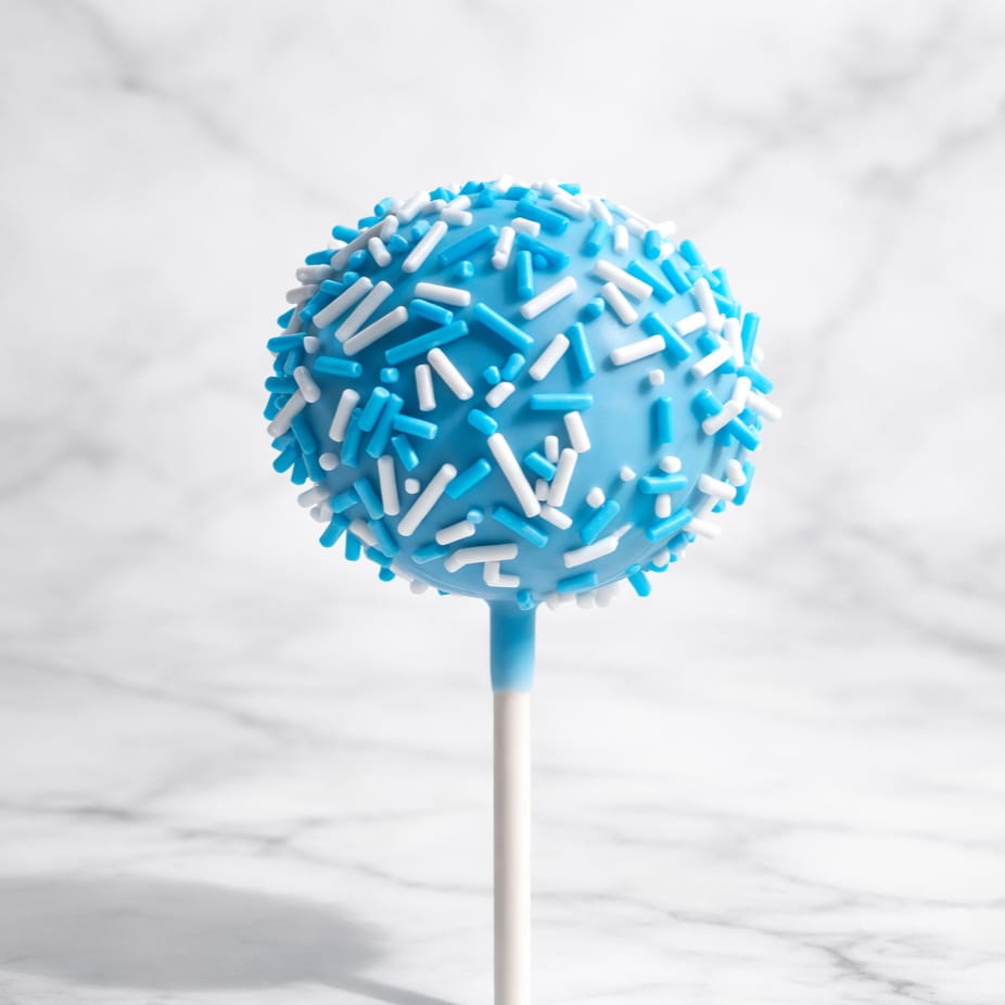 Baby blue cakepop with vanilla cake and blue and white sprinkles.