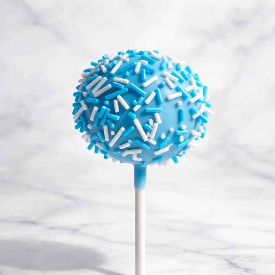 Baby blue cakepop with vanilla cake and blue and white sprinkles.