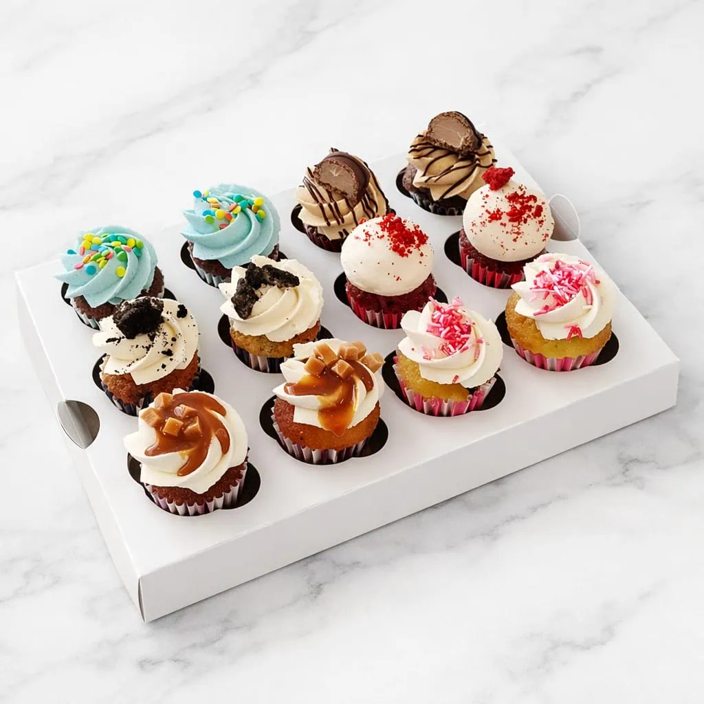 12 Mini Cupcakes Box with assorted selection of 12 mini cupcakes in flavors like Red Velvet, Oreo, and Bueno displayed in a box
