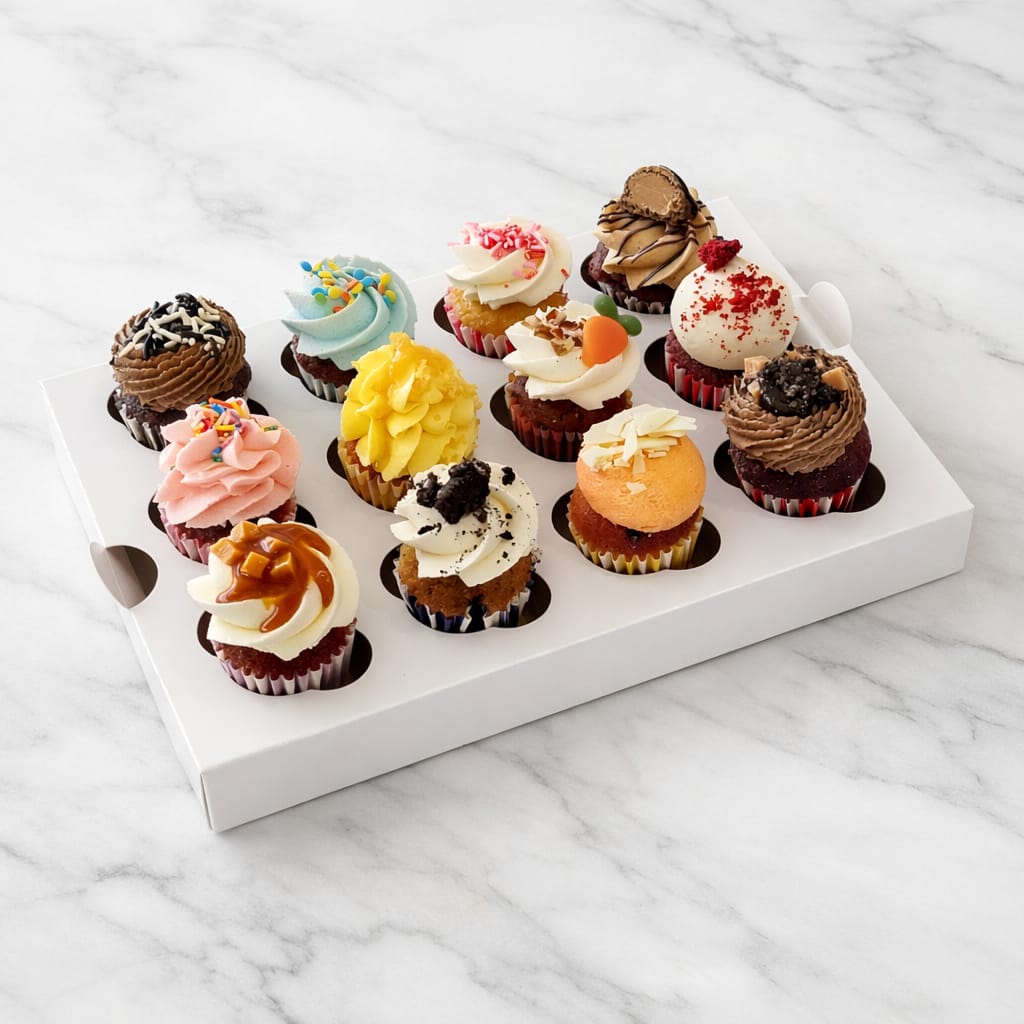 Assorted mini cupcakes box with flavors like Red Velvet, Oreo, Salted Caramel and Strawberry Cheesecake