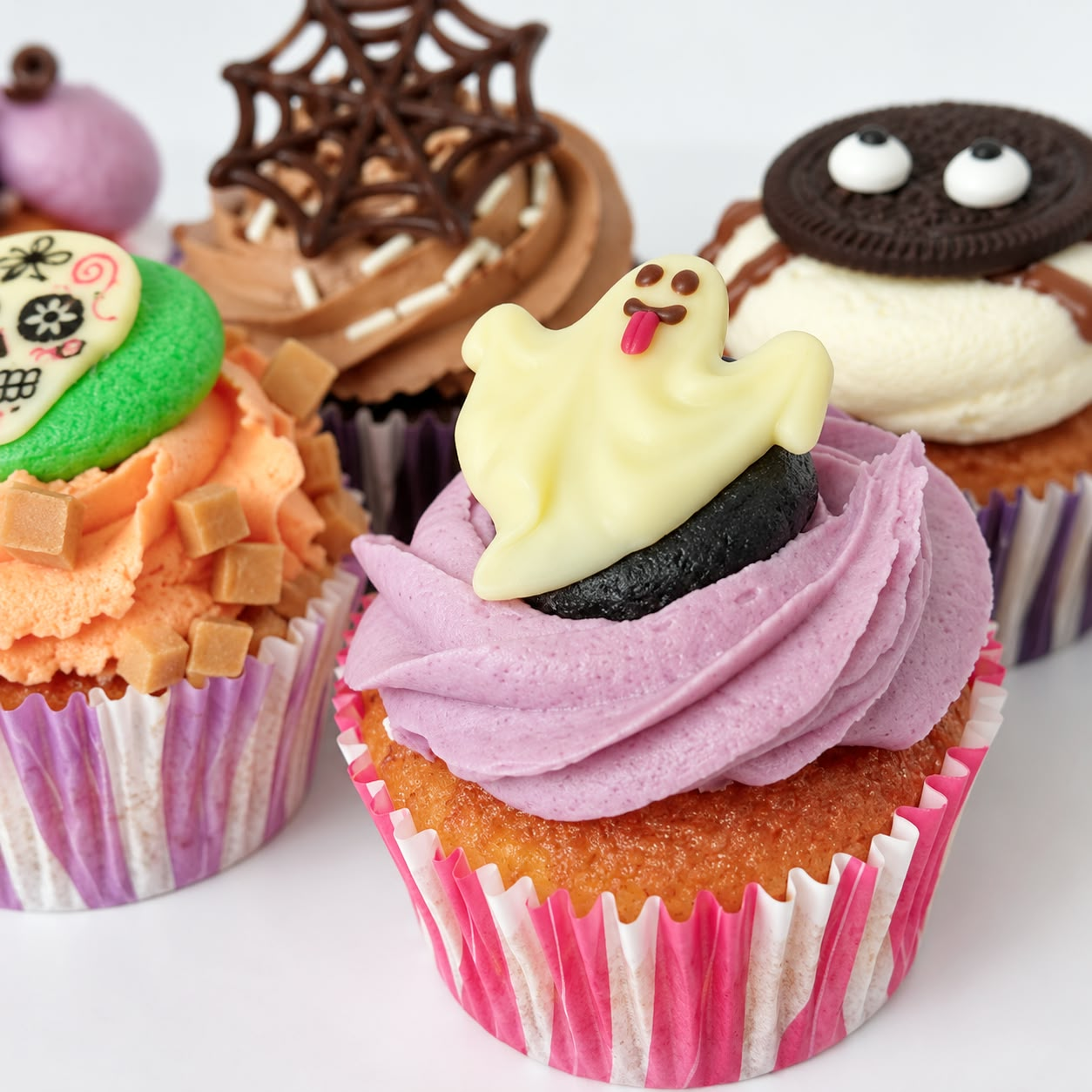 Purple Halloween cupcake with a white chocolate ghost decoration